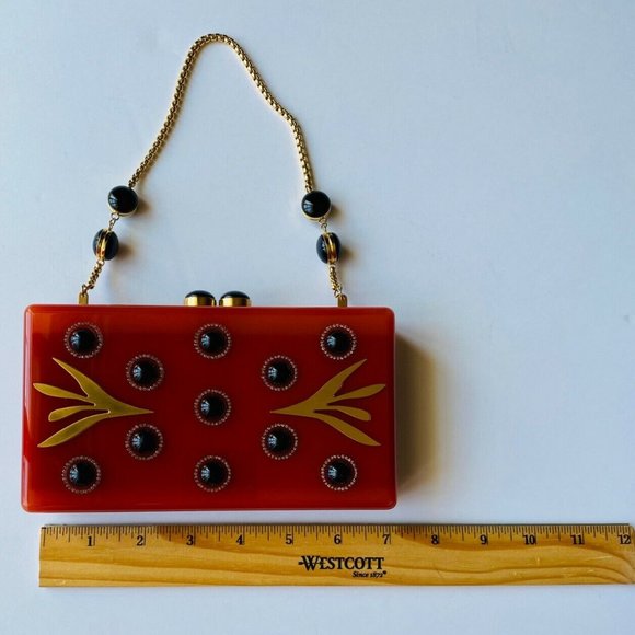 RARE Thalé Blanc Women's Red with Black Pearls Morning Dew Luxe Clutch ($2500) - Picture 12 of 12